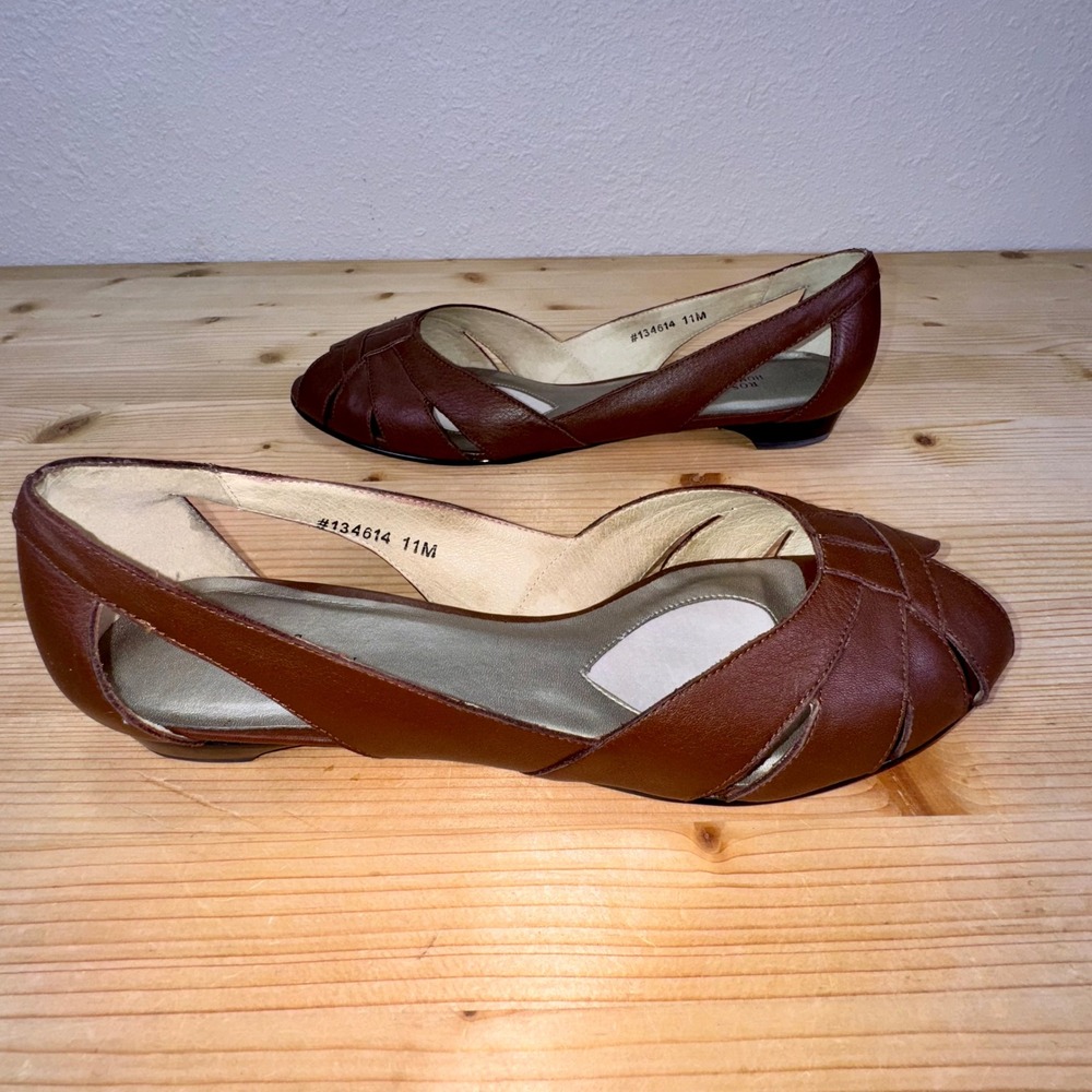 Ros Hommerson Zuzu Tan Peep Toe Flats Size 11M Leather Comfort‎ Shoes
